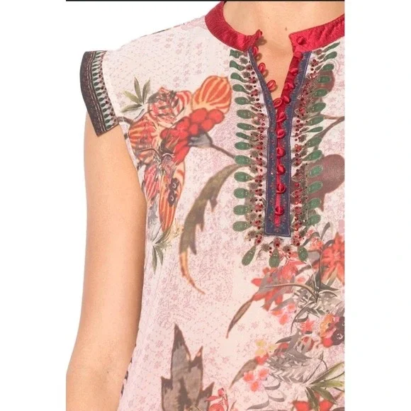 Desigual Sheer Floral Boho Tunic Top Sleeveless Size XL Artsy Eclectic Indie - Picture 1 of 6